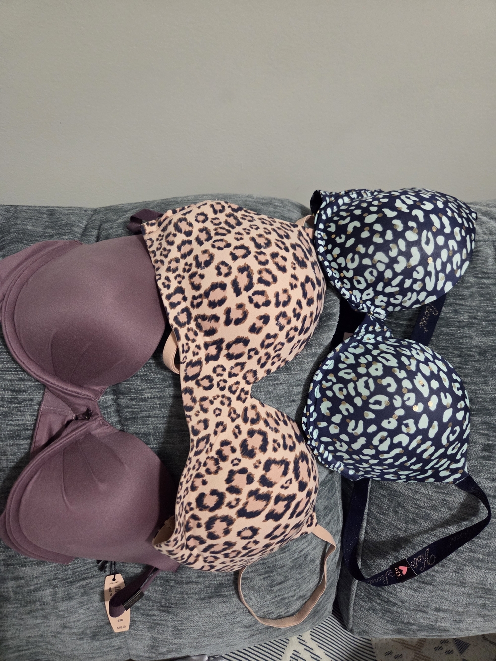PINK Victoria's Secret Bra Bundle- Leopard Navy, Blush & Purple Push Ups.